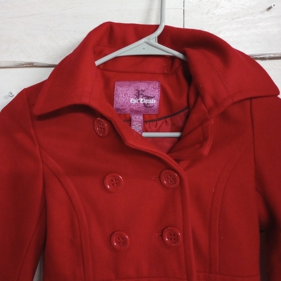 Epic Threads Red Pea Coat Hooded Jacket Girls Small Wool Blend Lined - Picture 2 of 10